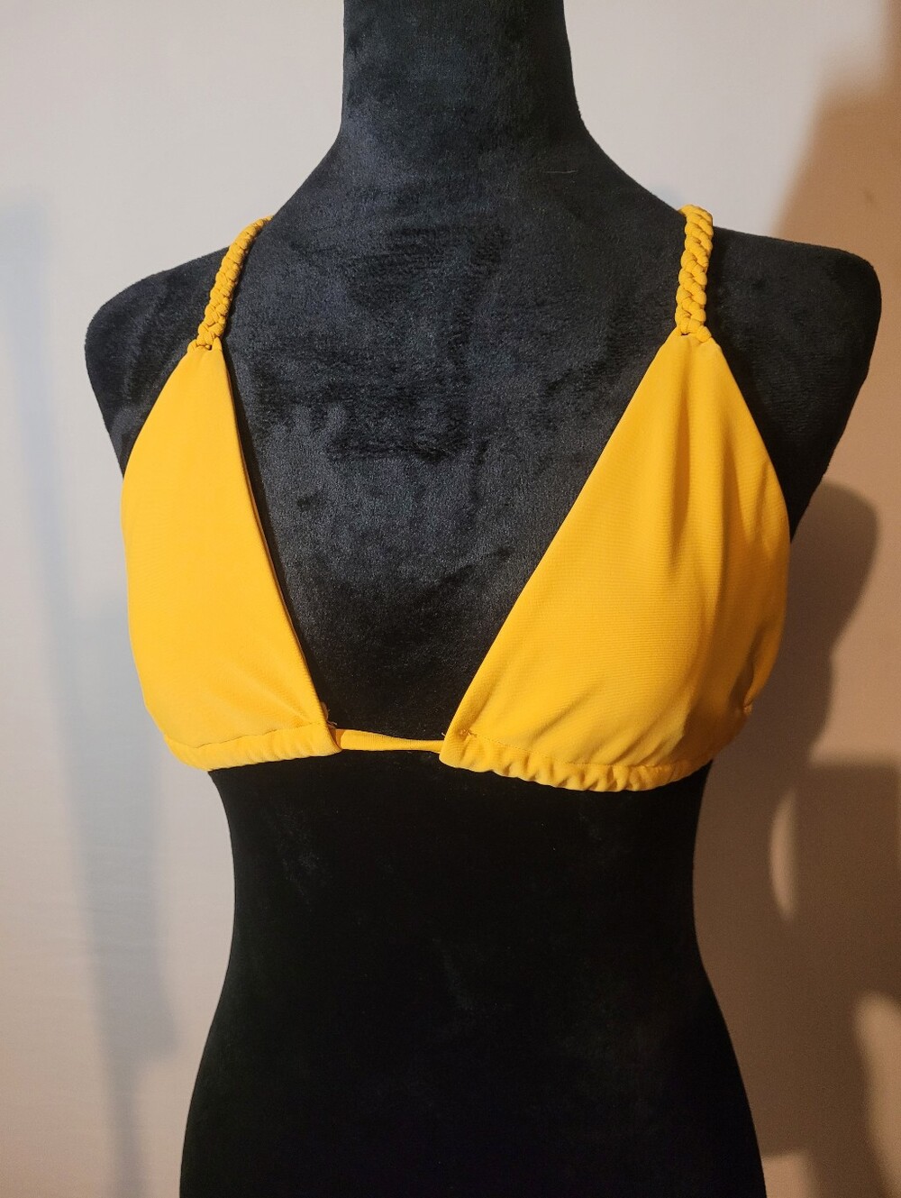 Beach Babe, Saffron Yellow Triangle Bikini Top with Intricate Braided Straps, M